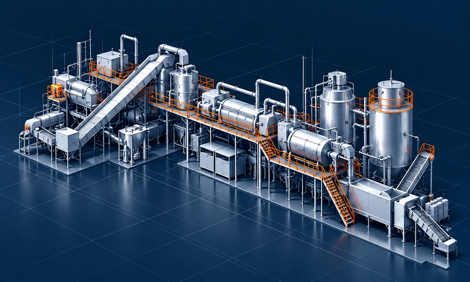 Concept illustration of a PET recycling line with stainless steel machinery and orange walkways